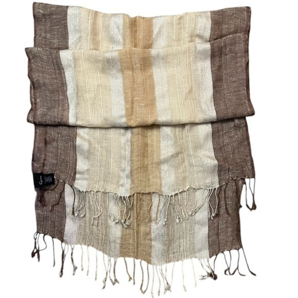 CEJON linen blend metallic striped scarf with fringe